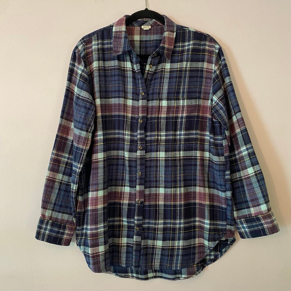Aerie Blue Purple Plaid Button Down Shirt Western Boho Loungewear Women Medium